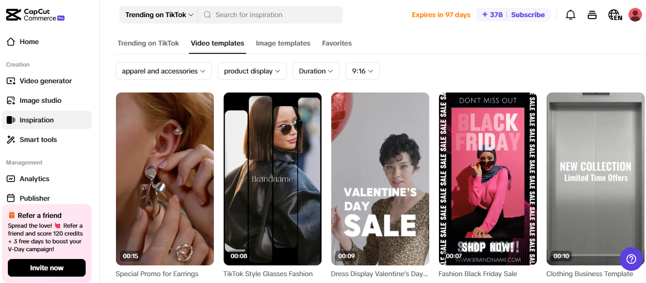 CapCut Commerce Pro video templates for AI content creation, featuring fashion, sales, and product display ads.